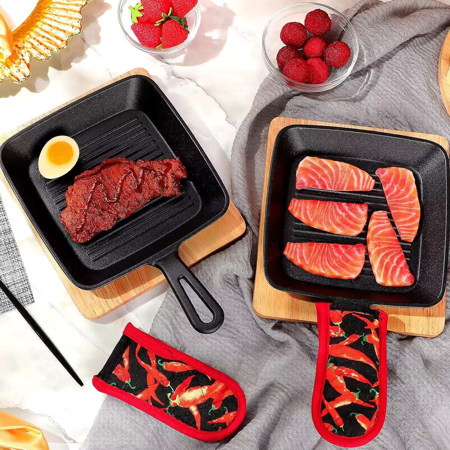 Cast Iron Square Pan With Wooden Base